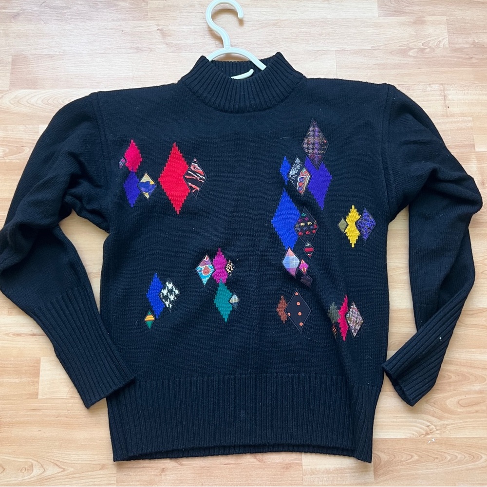 Vintage Simon Chang Black Sweater with fabric patch detail